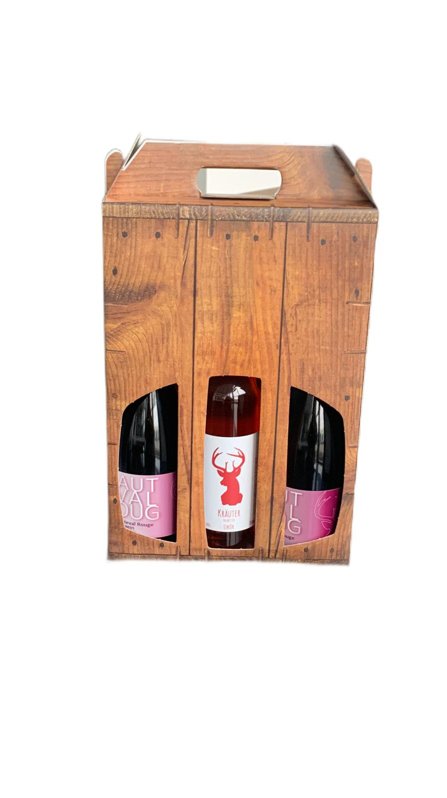 Geschenkbox 2 Flaschen Rotwein & Schnaps roter hirsch 4U zur Auswahl