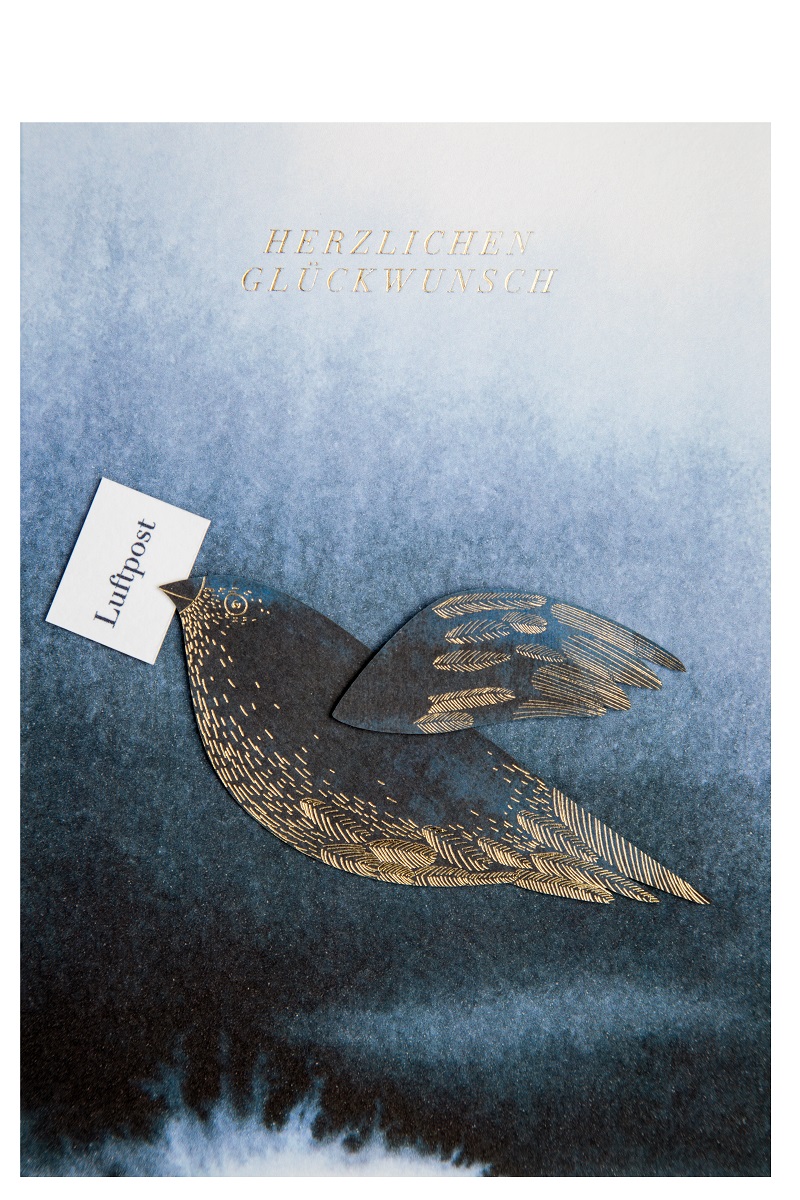 Glückwunschkarte Tintenblau „Luftpost“, gold